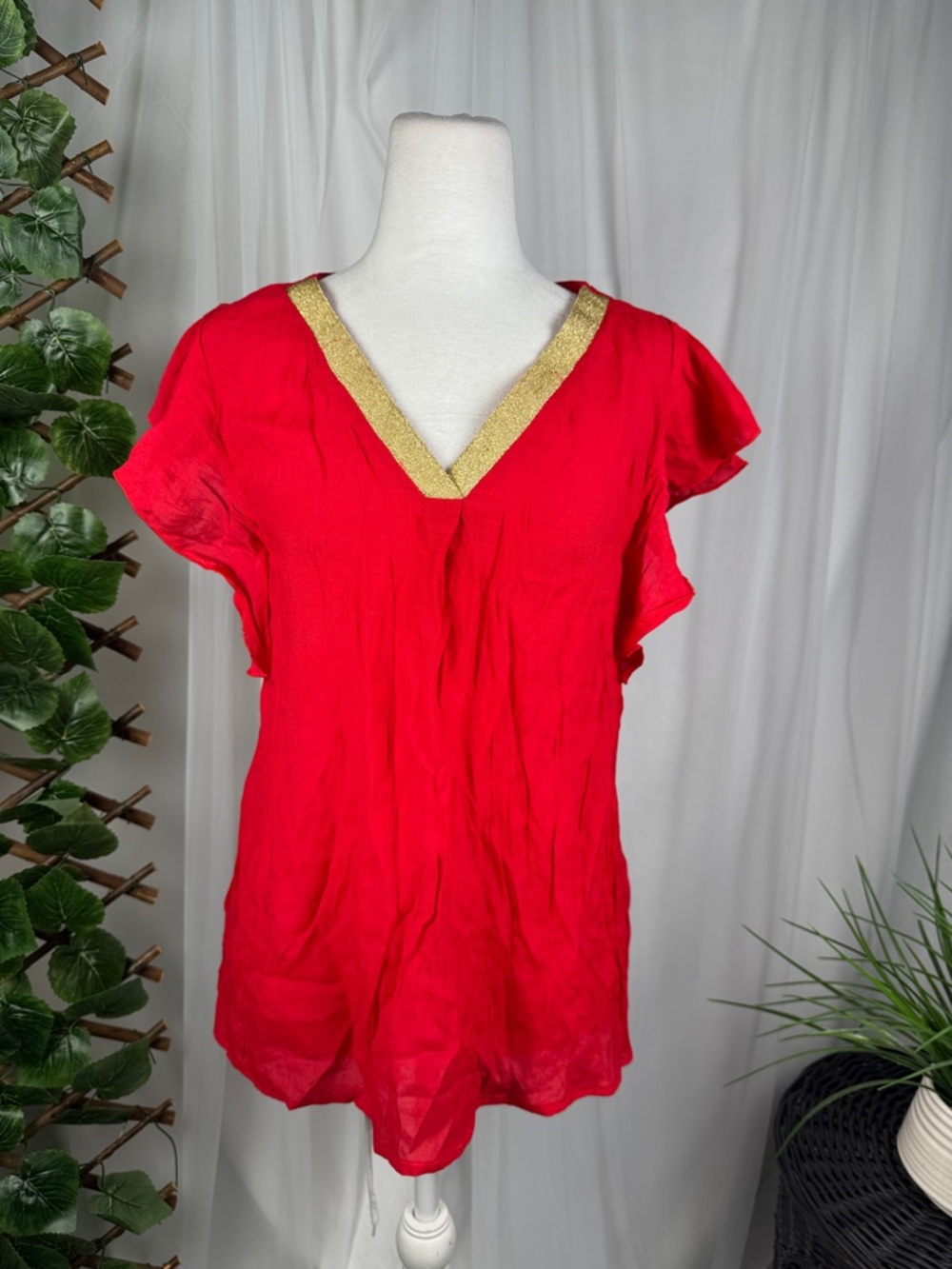 Madison Red V-Neck Blouse with Gold Trim